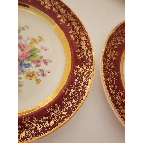 PLATES-BREAD-BUTTER-CENTURY BY SALEM-23K Gold Encrusted-Burgundy-Floral-Set of 4 - Picture 14 of 16